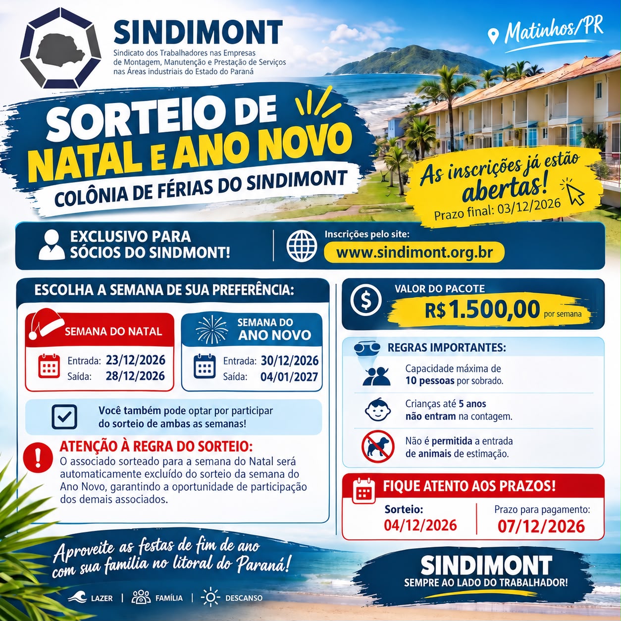 🎄☀️ SORTEIO DE NATAL E ANO NOVO – COLÔNIA DE FÉRIAS SINDIMONT! 🏖️
